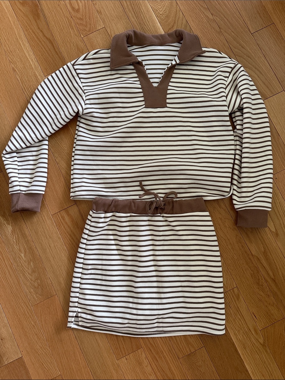 Striped Brown & Cream Lounge Set with Collared Top and Skort Bottom